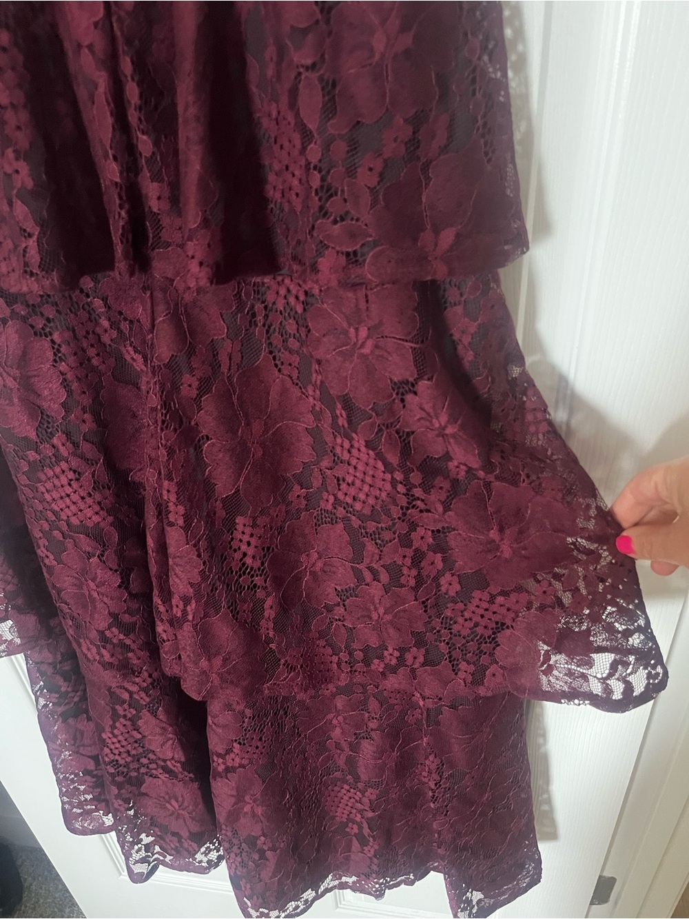 Lulu's Wine Burgundy Lace Ruffle Tiered V-Neck Maxi Dress - Picture 7 of 7